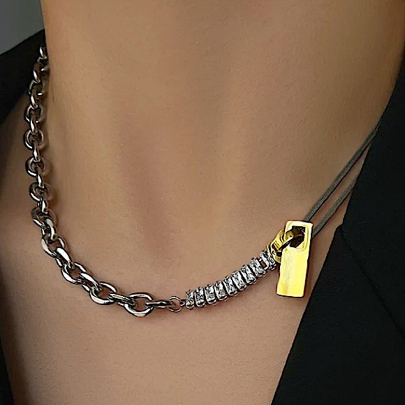 Stampd Jewelry - Sterling Silver Chain Link Zircon Zipper Herringbone Punk Choker Necklace